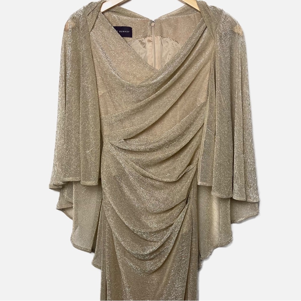 Talbot Runhof Doris Draped cape metallic sheer gold gown size 2 - Picture 6 of 11